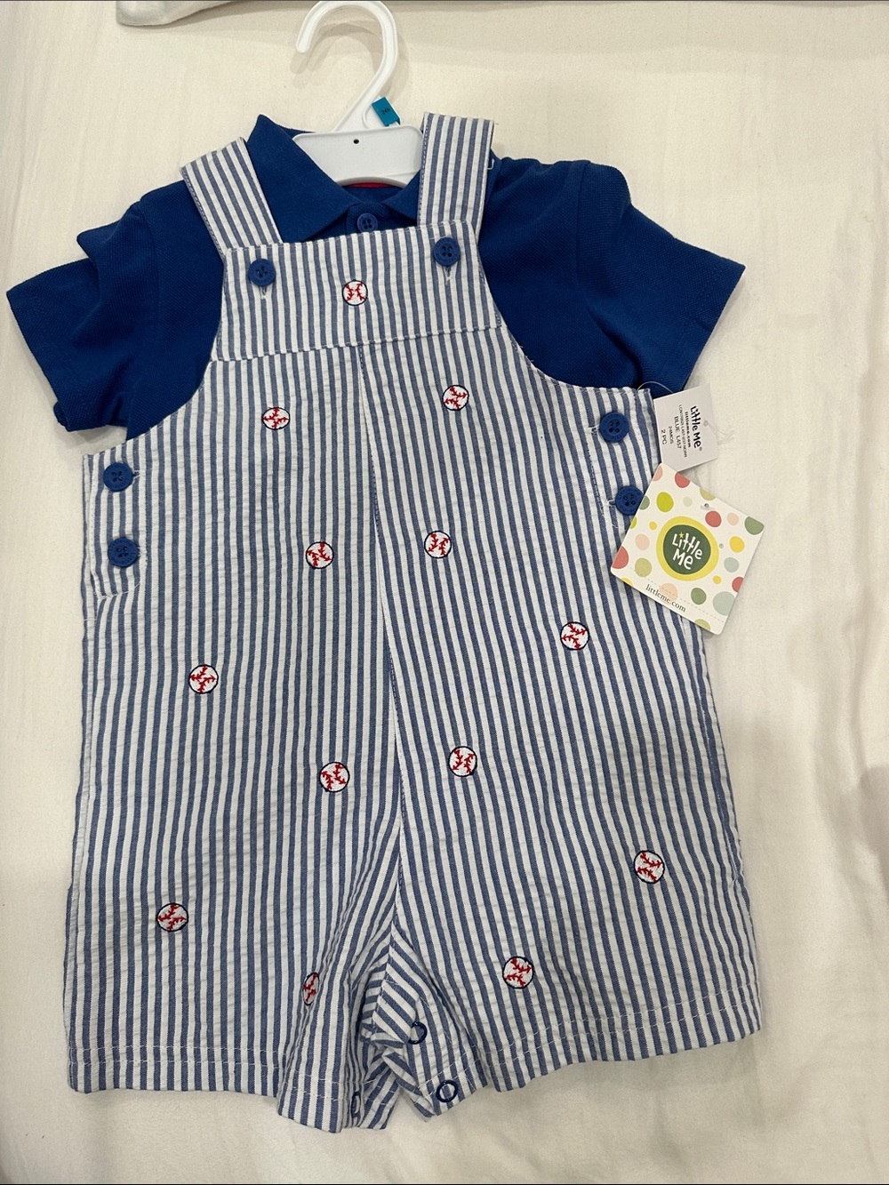NWT Little Me 2 pc Navy Polo with Blue & White Striped Baseball Shortall